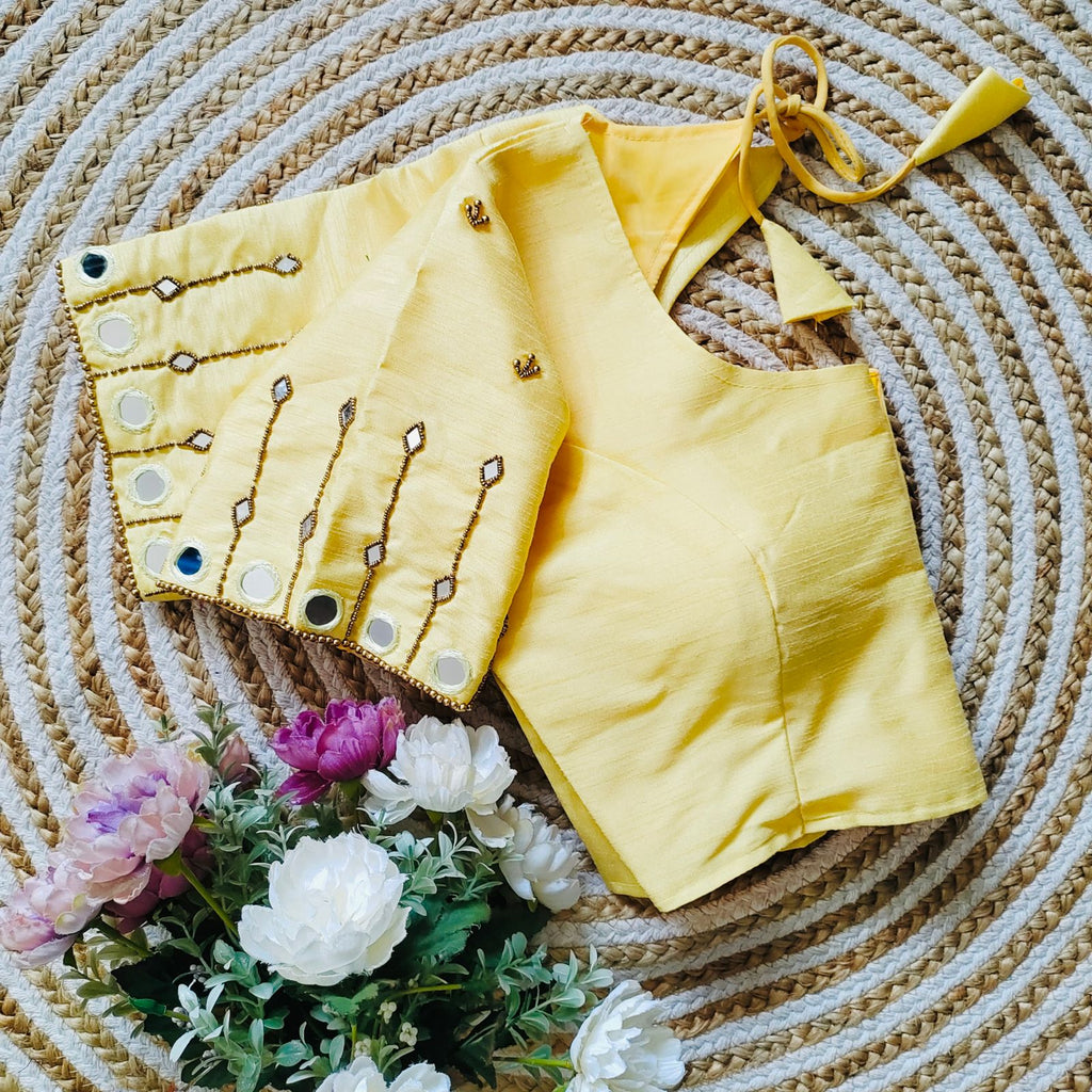 Yellow Russian Silk Blouse with Mirror and Pearl Embellishments ClothsVilla