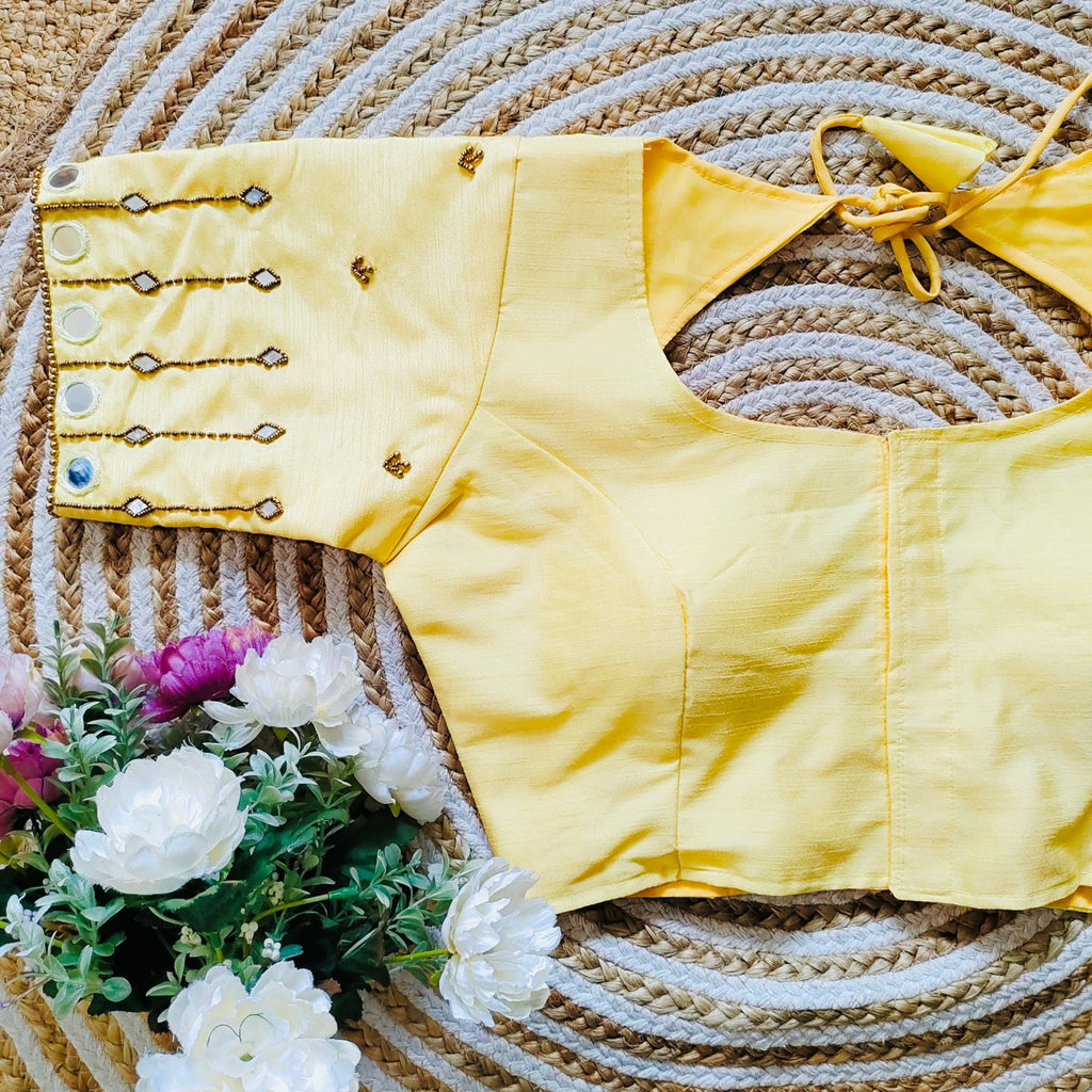 Yellow Russian Silk Blouse with Mirror and Pearl Embellishments ClothsVilla