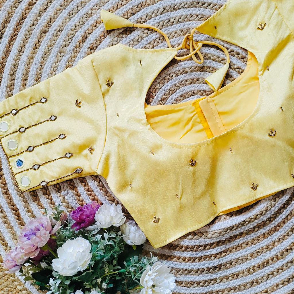 Yellow Russian Silk Blouse with Mirror and Pearl Embellishments ClothsVilla