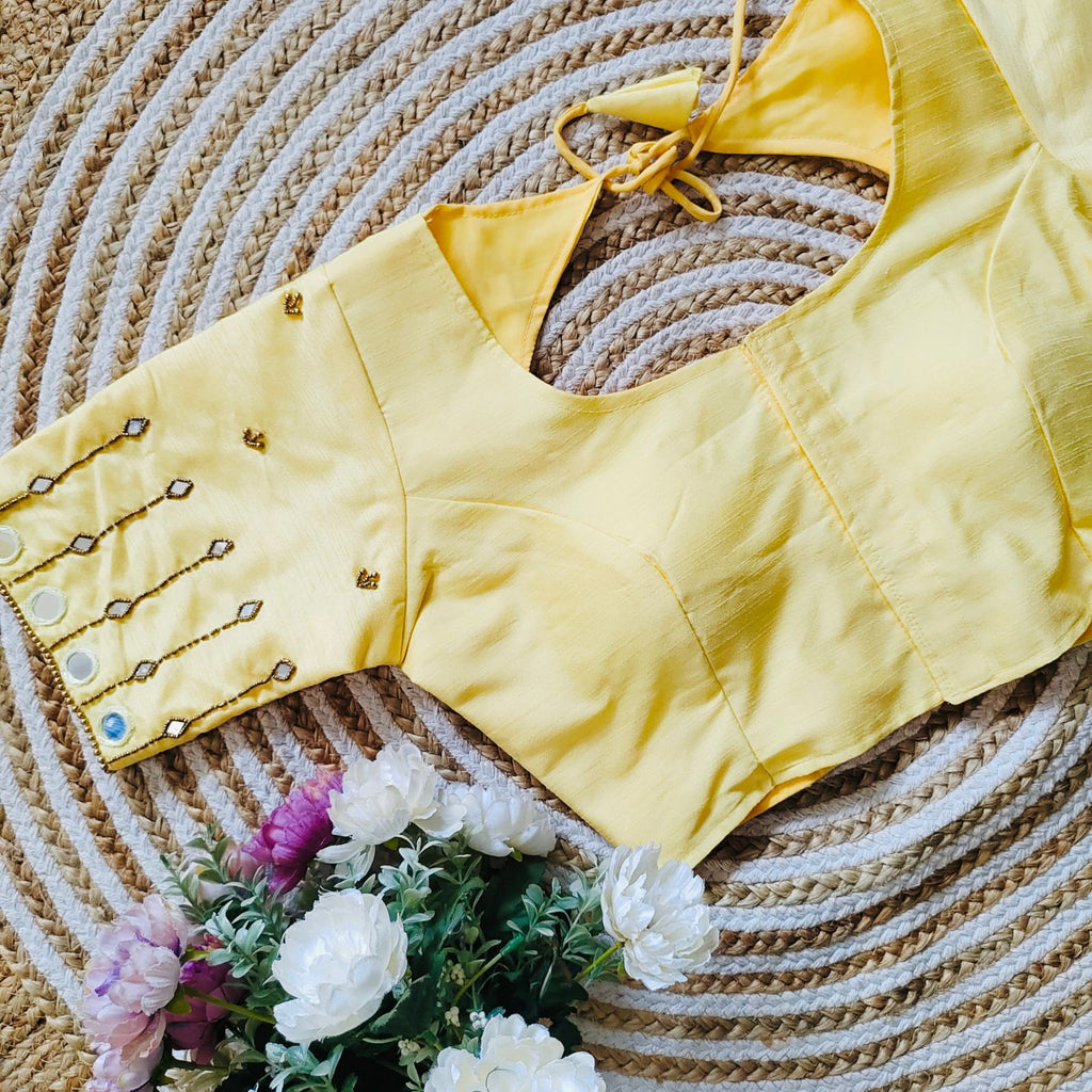 Yellow Russian Silk Blouse with Mirror and Pearl Embellishments ClothsVilla