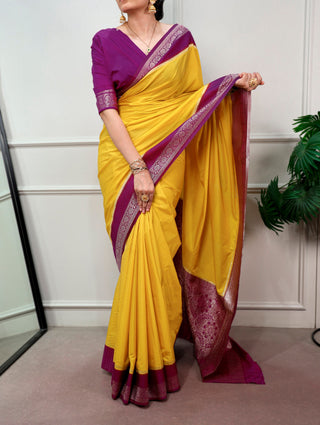 Yellow Saree with Zari Weaving Work ClothsVilla