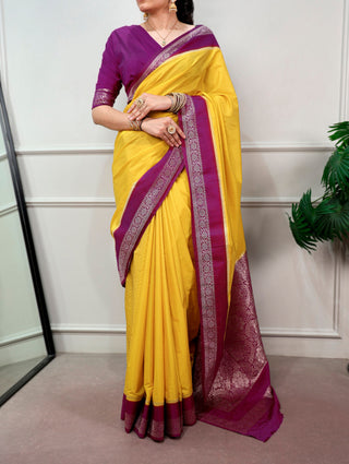 Yellow Saree with Zari Weaving Work ClothsVilla