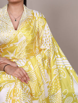 Yellow Satin Silk Printed Saree ClothsVilla