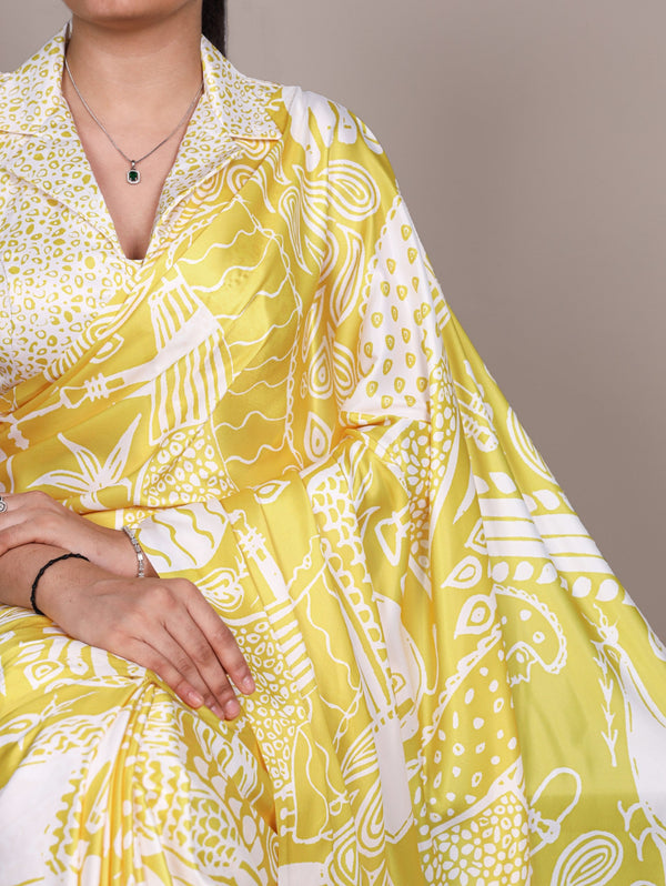 Yellow Satin Silk Printed Saree ClothsVilla