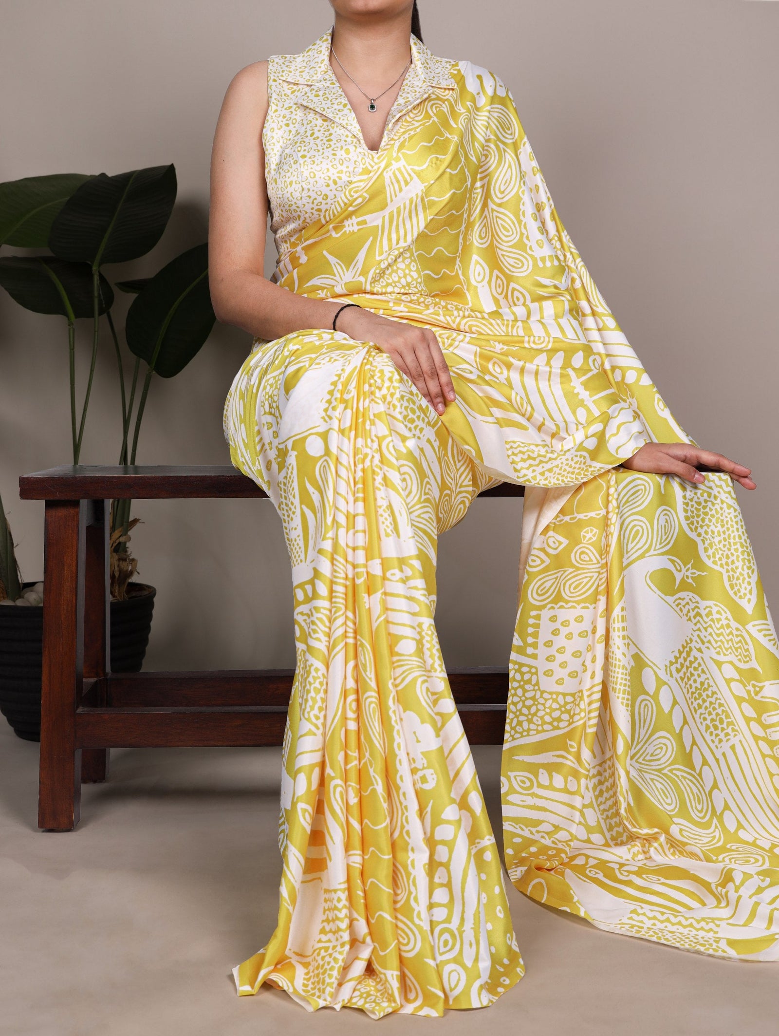 Yellow Satin Silk Printed Saree ClothsVilla