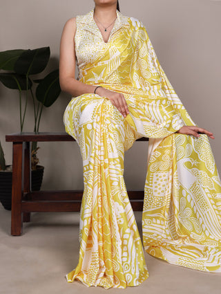 Yellow Satin Silk Printed Saree ClothsVilla