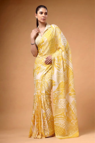Yellow Satin Silk Printed Saree ClothsVilla