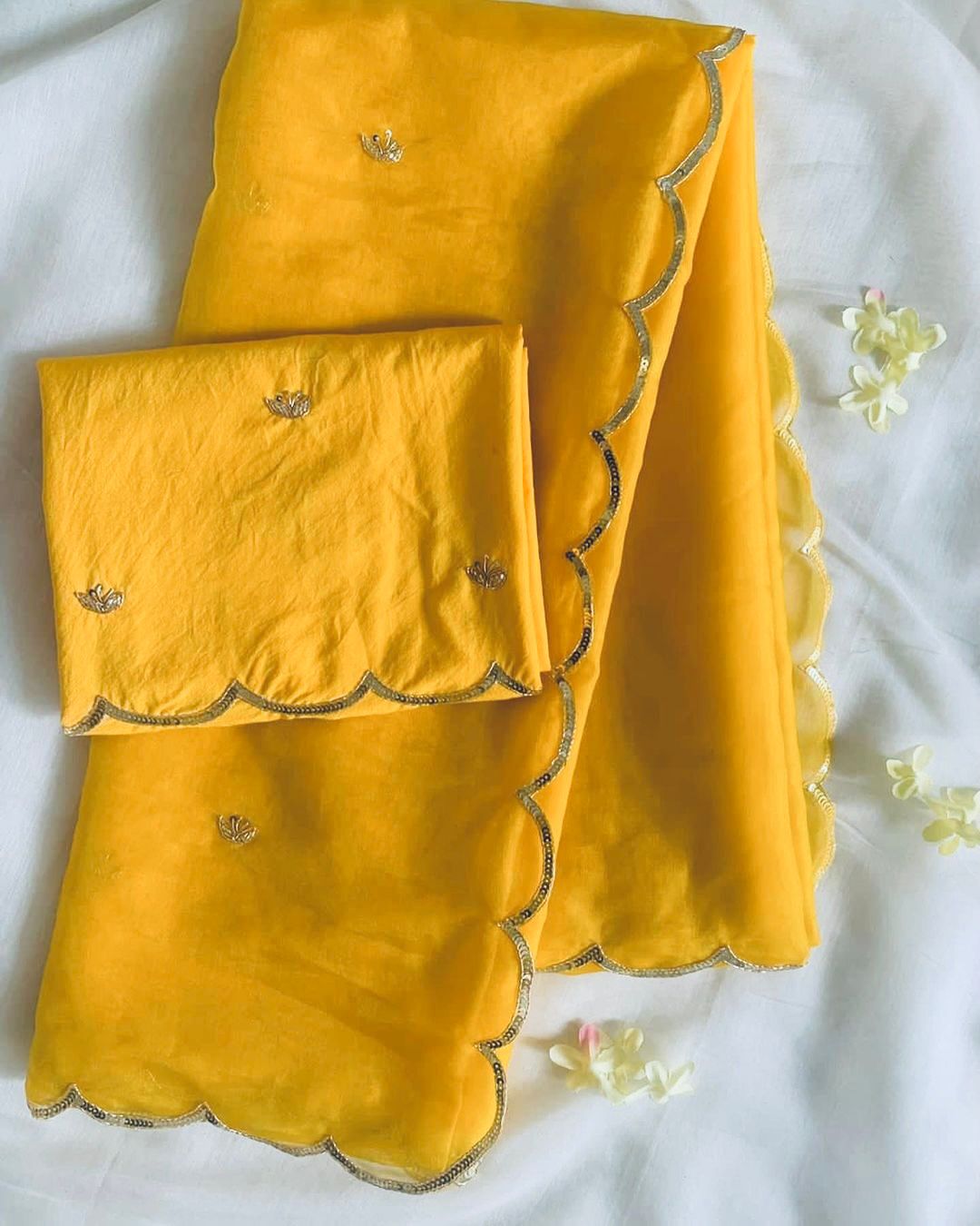 Yellow Semi-Pure Organza Saree with Exquisite Handwork – Paired with Silk Blouse Featuring Handwork ClothsVilla