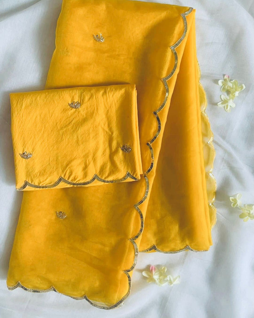 Yellow Semi-Pure Organza Saree with Exquisite Handwork – Paired with Silk Blouse Featuring Handwork ClothsVilla