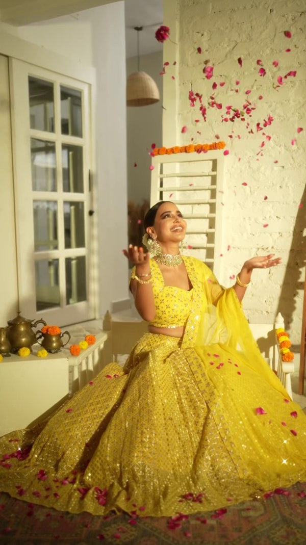 Yellow Sequin Embroidered Haldi Lehenga Set ClothsVilla