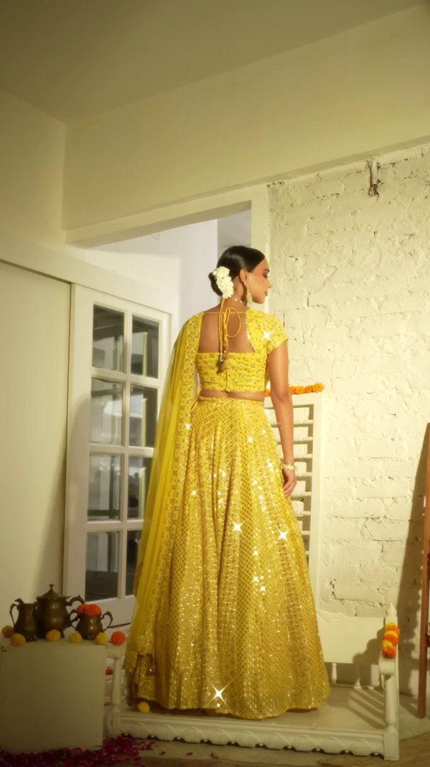 Yellow Sequin Embroidered Haldi Lehenga Set ClothsVilla