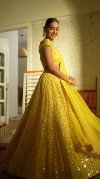 Yellow Sequin Embroidered Haldi Lehenga Set ClothsVilla