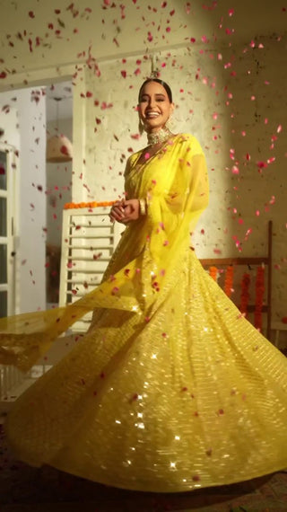 Yellow Sequin Embroidered Haldi Lehenga Set ClothsVilla