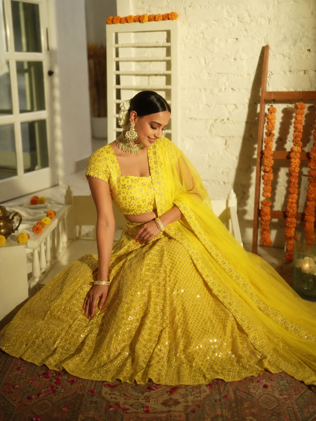 Yellow Sequin Embroidered Haldi Lehenga Set ClothsVilla