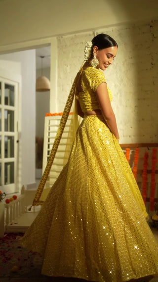 Yellow Sequin Embroidered Haldi Lehenga Set ClothsVilla