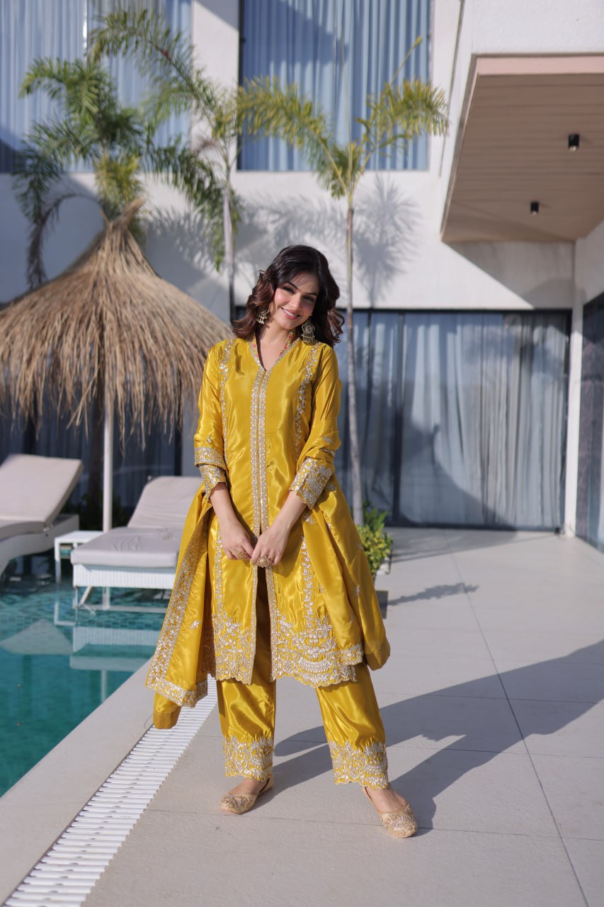 Yellow Sequins & Embroidered Kurti Pant Set ClothsVilla