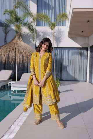 Yellow Sequins & Embroidered Kurti Pant Set ClothsVilla