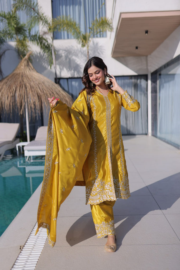 Yellow Sequins & Embroidered Kurti Pant Set ClothsVilla