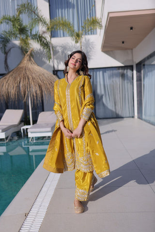 Yellow Sequins & Embroidered Kurti Pant Set ClothsVilla