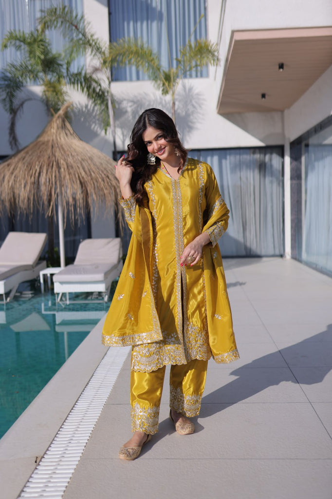 Yellow Sequins & Embroidered Kurti Pant Set ClothsVilla