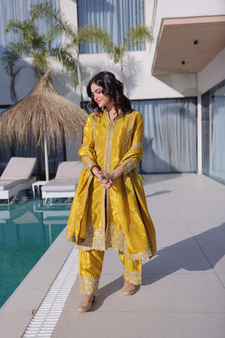 Yellow Sequins & Embroidered Kurti Pant Set ClothsVilla