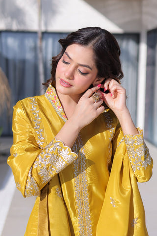 Yellow Sequins & Embroidered Kurti Pant Set ClothsVilla