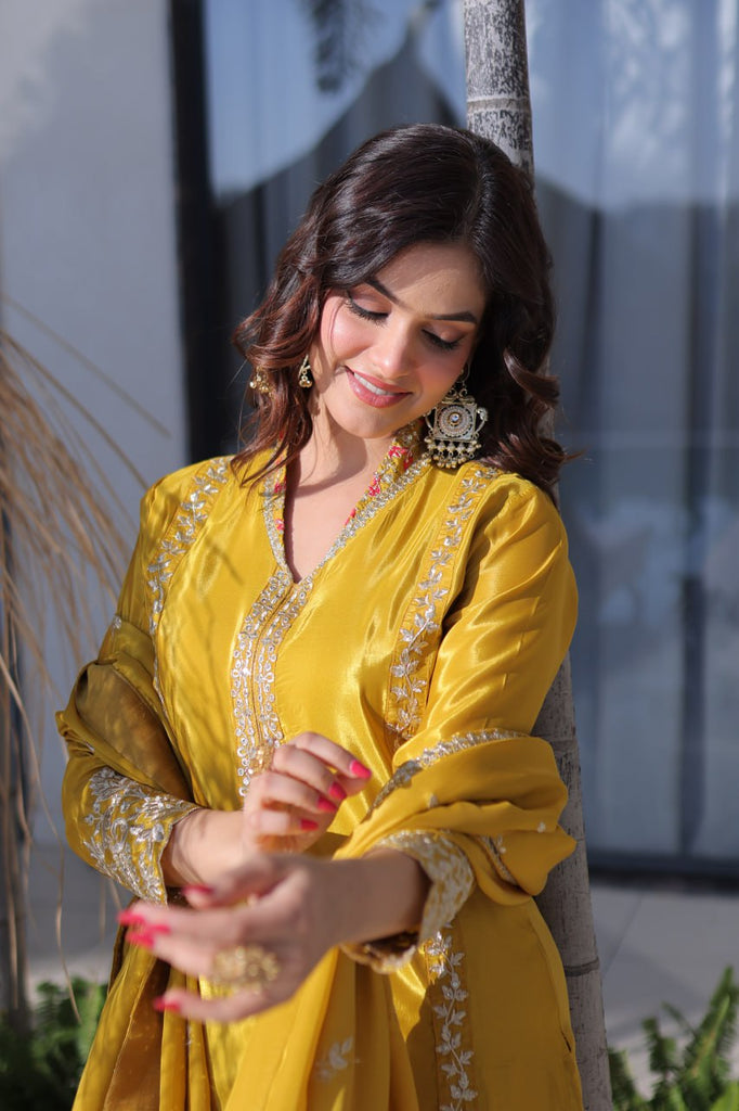 Yellow Sequins & Embroidered Kurti Pant Set ClothsVilla