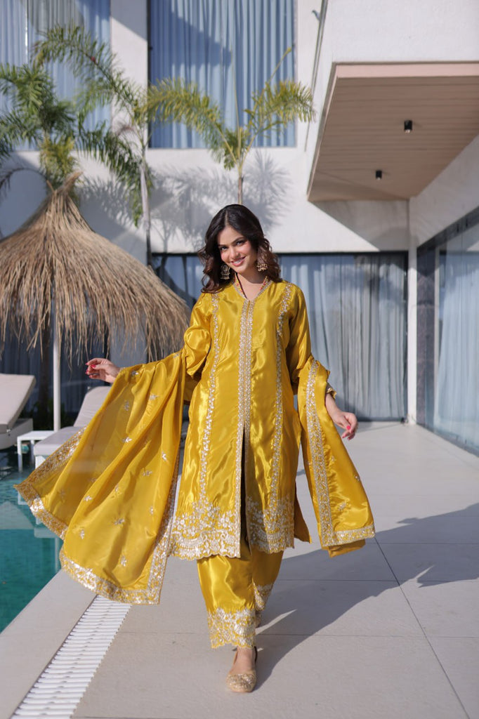 Yellow Sequins & Embroidered Kurti Pant Set ClothsVilla