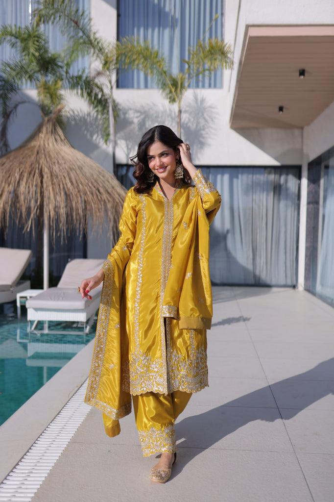 Yellow Sequins & Embroidered Kurti Pant Set ClothsVilla