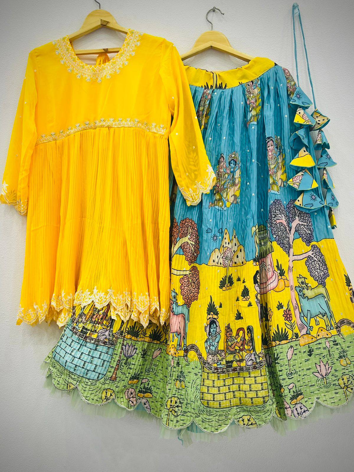 Yellow Silk Crepe Printed Lehenga Set with Embroidery & Sequins Work Secondary image