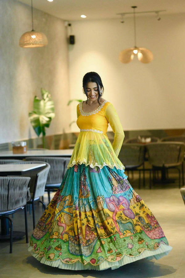 Yellow Silk Crepe Printed Lehenga Set with Embroidery & Sequins Work ClothsVilla