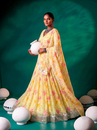 Yellow Silk Floral Printed Lehenga ClothsVilla