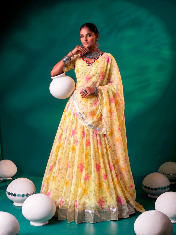Yellow Silk Floral Printed Lehenga ClothsVilla