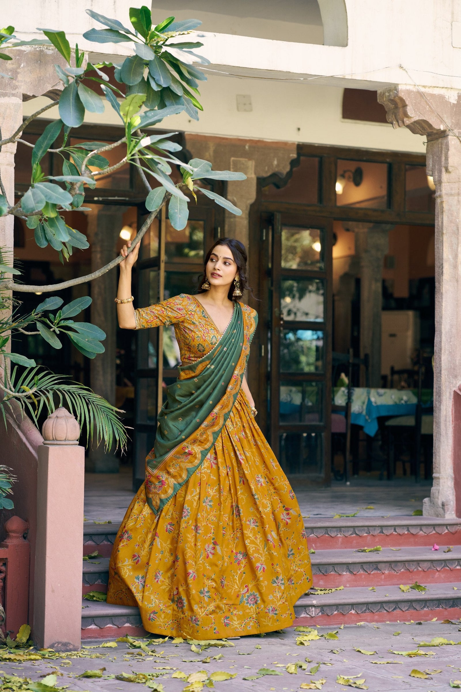 Yellow Silk Foil Print Lehenga Set Clothsvilla