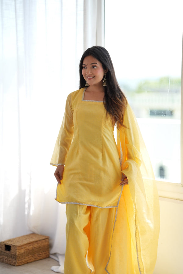 Yellow Silk Kurta Set with Siroski Work ClothsVilla