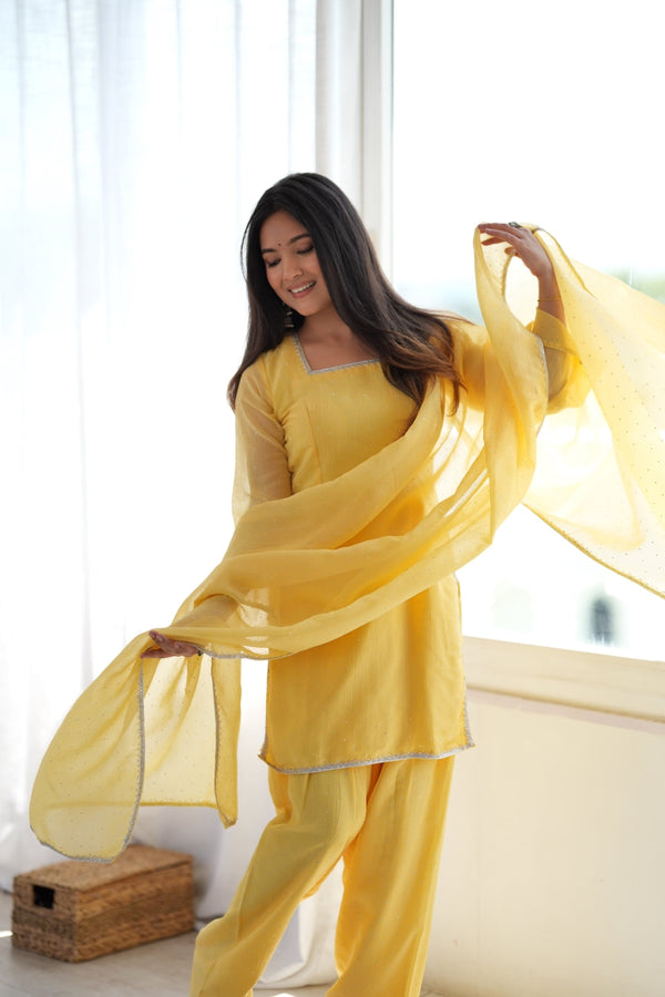Yellow Silk Kurta Set with Siroski Work ClothsVilla