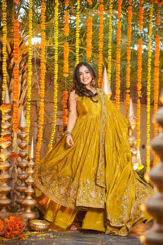 Yellow Silk Sequins Embroidered Gown Palazzo Set