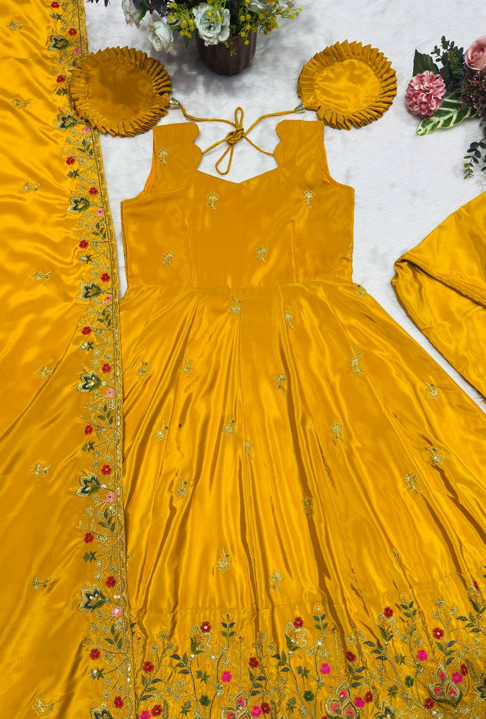 Yellow Silk Sequins Embroidered Gown Palazzo Set