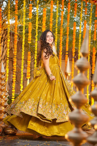 Yellow Silk Sequins Embroidered Gown Palazzo Set