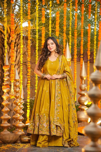 Yellow Silk Sequins Embroidered Gown Palazzo Set