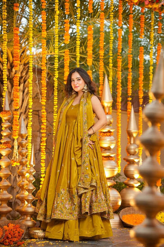 Yellow Silk Sequins Embroidered Gown Palazzo Set