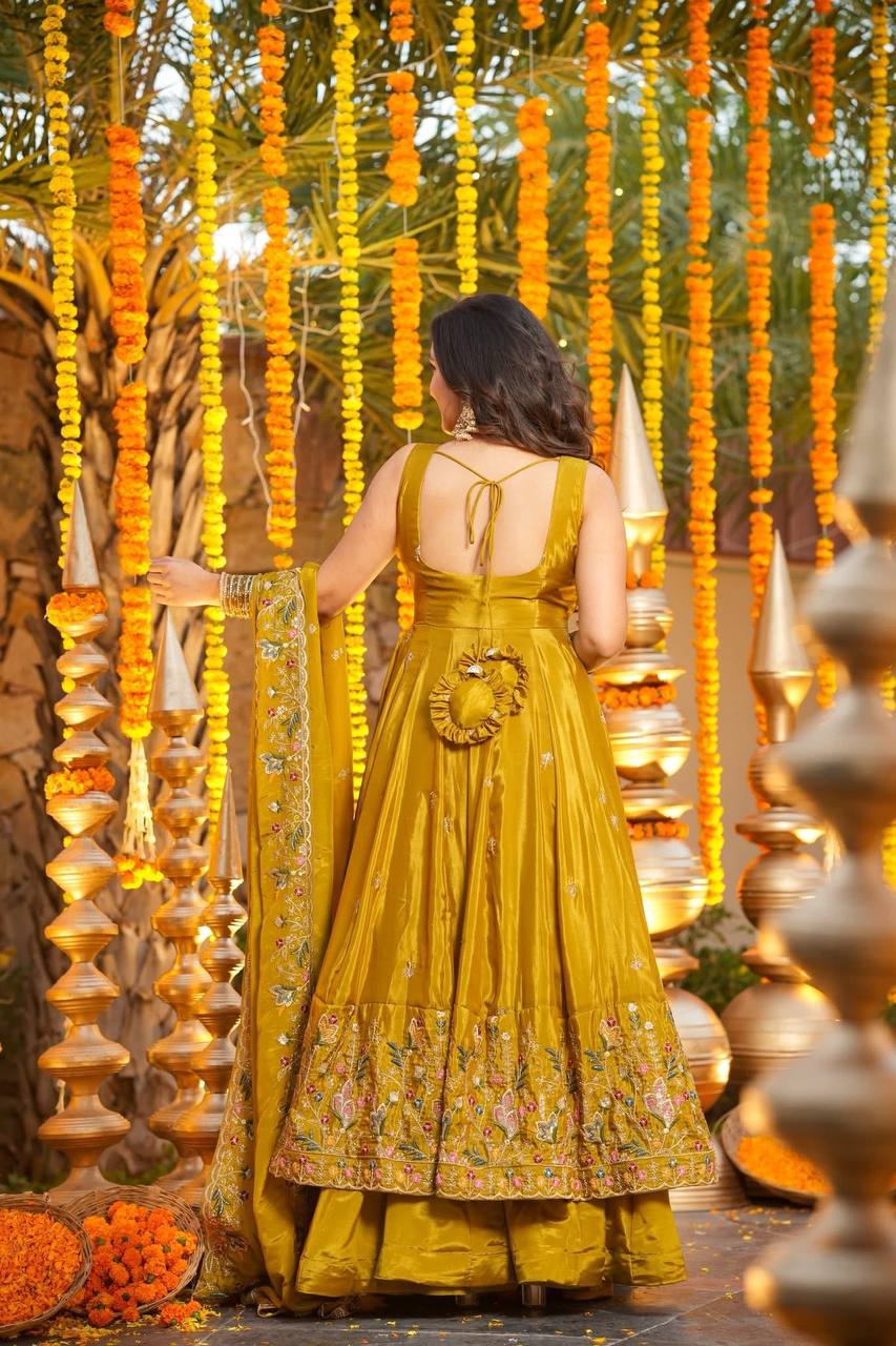 Yellow Silk Sequins Embroidered Gown Palazzo Set