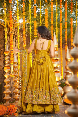 Yellow Silk Sequins Embroidered Gown Palazzo Set