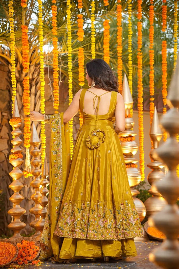 Yellow Silk Sequins Embroidered Gown Palazzo Set