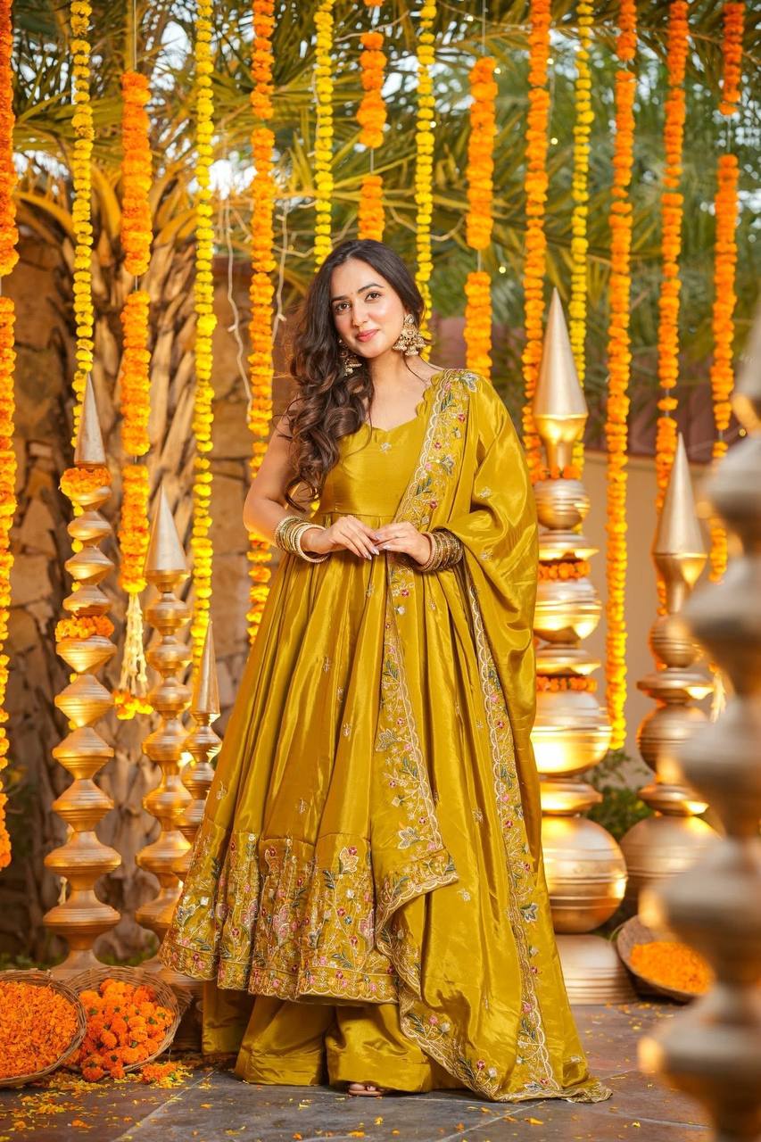 Yellow Silk Sequins Embroidered Gown Palazzo Set Secondary image