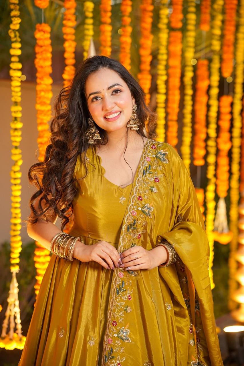 Yellow Silk Sequins Embroidered Gown Palazzo Set