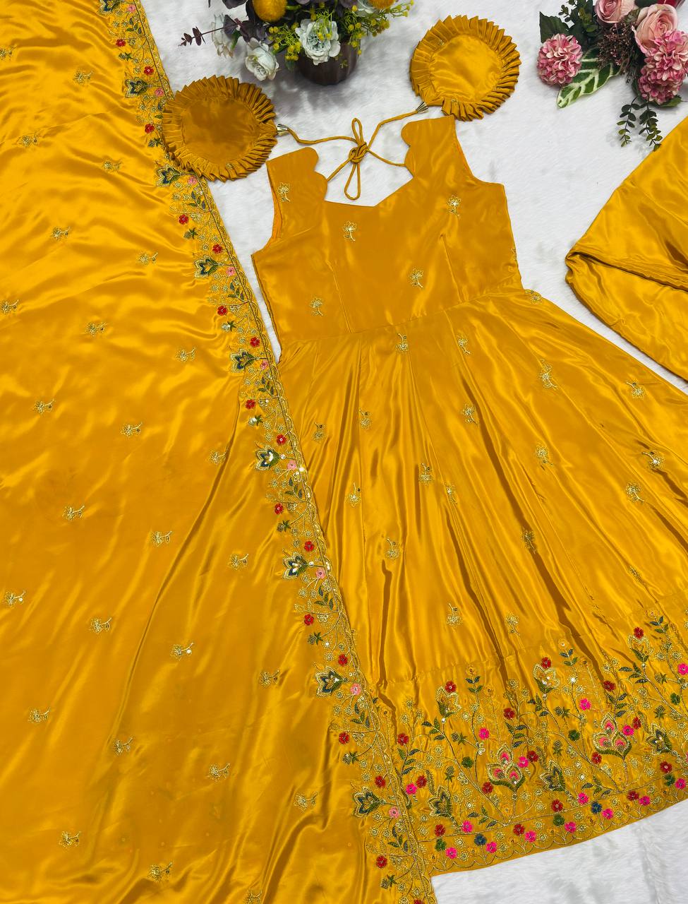 Yellow Silk Sequins Embroidered Gown Palazzo Set