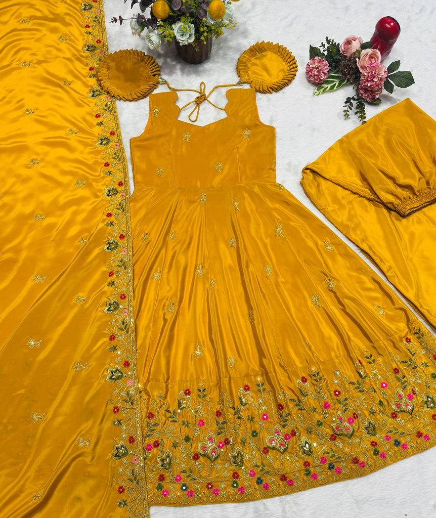 Yellow Silk Sequins Embroidered Gown Palazzo Set
