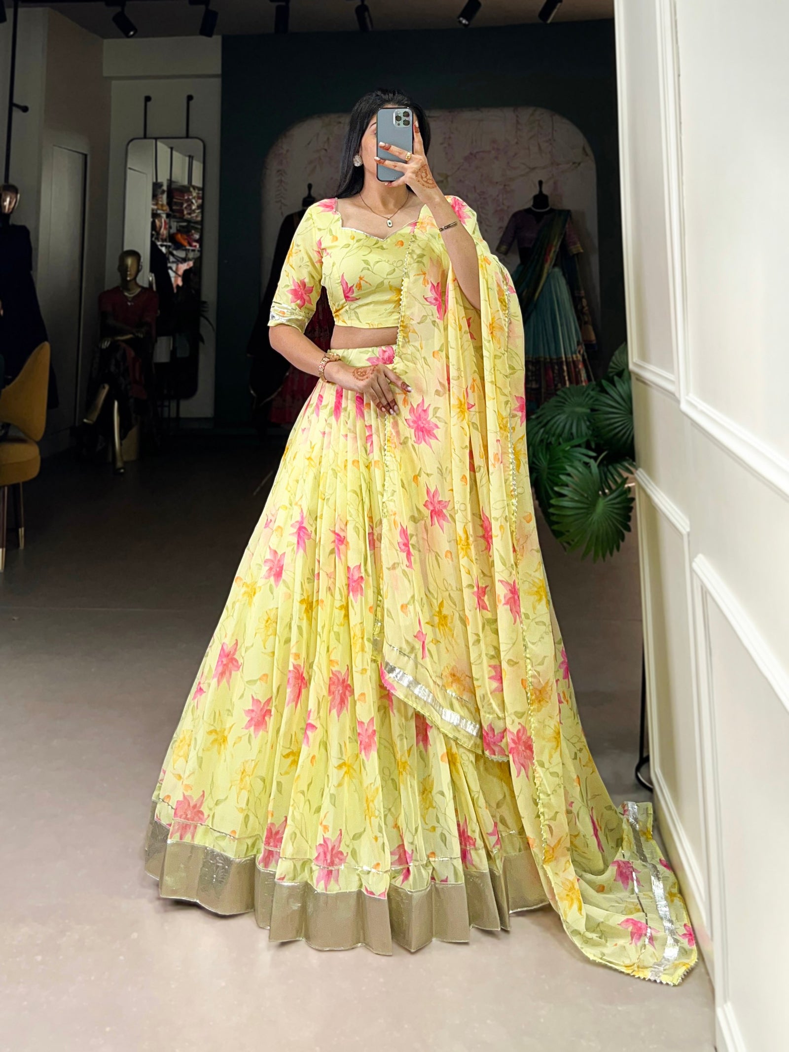 Yellow Silken Blooms Tabby Silk Floral Print Lehenga with Lace Accents & Matching Dupatta