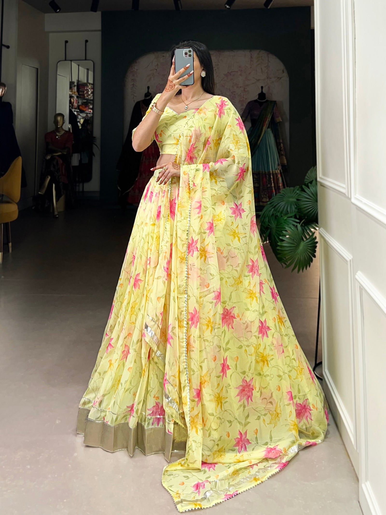 Yellow Silken Blooms Tabby Silk Floral Print Lehenga with Lace Accents & Matching Dupatta